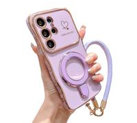 Electroplated Wave Heart Lanyard Phone Case for Samsung 26/25/24/23/22, Curve Double Heart Hard Case for Samsung with 360° Rotating Kickstand (Fuchsia,FOR Galaxy S22U)