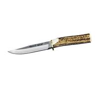 ELECTROPOLIS Cuchillo de Caza Muela Gredos GRED-12A, puño de asta de Ciervo y latón, Hoja de 12 cm MOVA + Tarjeta Multiusos de Regalo