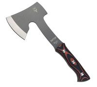 ELECTROPOLIS Hacha de Campo Muela Raptor, con Mango Micarta Texturizada, Acero Mova con Recubrimiento Antifricción PTFE. Incluye Funda de Cuero Negra + Tarjeta Multiusos de Regalo.