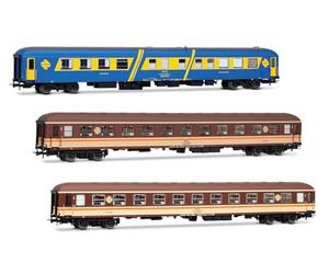 Electrotren HE4035 RENFE, Pack 3 Unidades 'Costa Brava', vagón Restaurante Azul y 2 x vagones litera decoración 'Estrella', EP. IV Autocares de pasajeros