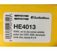 Electrotren HE4013 RENFE, Juego de 2 Unidades DGDC-3000 Furgoneta Postal, Librea Verde Oliva, Época IV Escala 1:87 Calibre HO Hornby Hobbies Material Rodante de Pasajeros-Autocares
