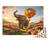 Elefante Africano Globo Aerostático Escena de Mercado Puzzle de 1000 Piezas Papel para Adultos Relajación Atención Familia Decoración Regalo 52x38cm/1000pcs