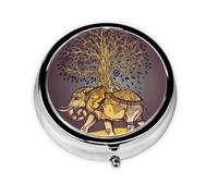 Elefante asiático con árbol. Este pequeño pastillero redondo es un organizador portátil de medicamentos de viaje con tres compartimentos para almacenar medicamentos diarios.