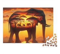Elefante Atardecer Paisaje Duro Rompecabezas de Noche de Juego Familiar de 1000 Piezas Silueta Elefante Atardecer Premium Resistente Vibrante Desafiante Alivio del Estrés 38x26cm/1000pcs
