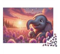 Elefante Dibujos Animados Puzzle para Adultos Puzzle de 1000 Piezas Papel Campo de Flores Puesta de Sol Relajación Decoración Hogar Regalo Familiar 38x26cm/1000pcs