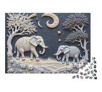 Elefante Luna Noche Rompecabezas de 1000 Piezas para Adultos Arte Familia Elefante Premium Grueso Resistente Vibrante Desafiante Duro Alivio del Estrés Regalo Familiar 52x38cm/1000pcs