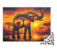 Elefante Rompecabezas 1000 Piezas Elefante Silhouette Sunset Art Print Estéticos Y Desafiantes De Desafío Duro Imposible Regalo Para Familiares/Parejas Para Adultos Y Niños Mayores De 8 Años 70x50cm