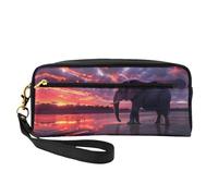 Elefantes africanos dando un paseo bajo la deslumbrante puesta de sol versátil bolsa de maquillaje de viaje, impresión de doble cara, organizador de cosméticos de piel sintética ultrasuave para