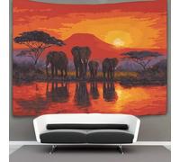 Elefantes Junto a un Río Frente a las Montañas de África al Atardecer Tapiz Para Colgar En La Pared, Tapices Arte De Pared Estético Decoración Del Hogar Para Sala De Estar Dormitorio 70cmx100cm