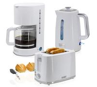 briebe Elegance Set Tostadora Pan Ranura Ancha 2 Rebanadas + Hervidor Agua Eléctrico 1,7L Inalámbrico 2200W Libre BPA + Cafetera Goteo Filtro 10 Tazas 1,25L, Pack Desayuno Diseño Moderno, Blanco