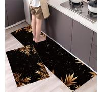 Elegancia Oriental Alfombra de Cocina Antideslizante Alfombra de Cocinas, Hojas de bambú de Oro Negro Durable Anti-Fatiga Corredor de Pasillo para Cocinas Lavable de Cocina,40x60+40x120cm