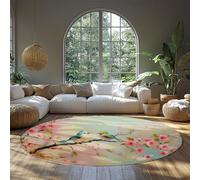 Elegancia Oriental Alfombras Redondas Ramas Flor durazno Pájaros Lindos Alfombras para Dormitorio Cocina Sala Estar Frente a la Chimenea Pila Baja 80x80cm