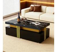 Elegancia para el salón - Mesa de centro rectangular con tapa de mármol y 2 cajones, 100 x 50 x 40 cm, acabado brillante para un ambiente elegante