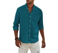 Elegancity Camisa de Lino Manga Larga para Hombre Camisas Informales de Verano Camisa Suelta de Ocio de Color Sólido con Botónes Top，BLU-4 M