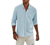 Elegancity Camisa de Lino Manga Larga para Hombre Camisas Informales de Verano Camisa Suelta de Ocio de Color Sólido con Botónes Top，Cielo BLU-2 L