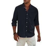 Elegancity Camisa de Lino Manga Larga para Hombre Camisas Informales de Verano Camisa Suelta de Ocio de Color Sólido con Botónes Top，BLU-1 XXL