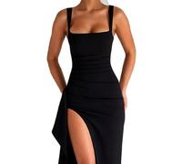 Elegant Black Square Neck Evening Gown for Women High Slit Ruched Waist Maxi Dress Summer Sexy Backless Prom Party Formal Long Dress