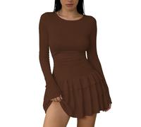 Elegant Casual Long Sleeve Bodycon Maxi Dress in Plain Color for Autumn and Winter(Coffee,L)