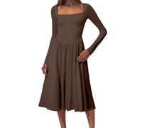 Elegant Casual Midi Dress with Square Neck and Waist Band, Long Sleeve Summer for Timeless Day for Women, Dark(Brown,XXL)