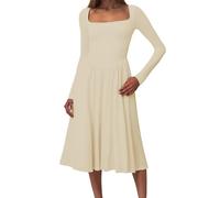 Elegant Casual Midi Dress with Square Neck and Waist Band, Long Sleeve Summer for Timeless Day for Women, Dark(Beige,XXL)