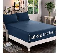 Elegant Comfort 1500 Premium Quality Fitted Sheet Ultra Soft 18-24 Inch Extra Deep Pocket - Single Fitted Sheet for High Mattress - Wrinkle Free with Smart Storage Pockets, Queen, Navy Blue