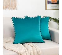 Elegant Comfort POMS - Juego de 2 Fundas de Almohada cuadradas Decorativas de Terciopelo Suave y sólido para sofá, Cama, Sala de Estar, 18 x 18 Pulgadas, Color Turquesa