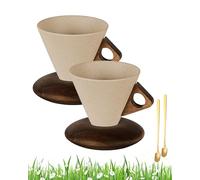 Elegant Conical Coffee Cup，250ml Vintage Cone Shaped Creative Irregular Shape Retro Wood Coffee Mug ，4pcs set vintage coffee mugs，with Wooden Base Saucer Set ， For Home, Office (2A)