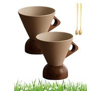 Elegant Conical Coffee Cup，250ml Vintage Cone Shaped Creative Irregular Shape Retro Wood Coffee Mug ，4pcs set vintage coffee mugs，with Wooden Base Saucer Set ， For Home, Office (2B)