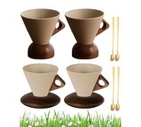 Elegant Conical Coffee Cup，250ml Vintage Cone Shaped Creative Irregular Shape Retro Wood Coffee Mug ，4pcs set vintage coffee mugs，with Wooden Base Saucer Set ， For Home, Office (4A+B)