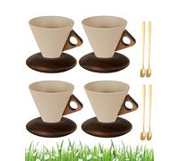 Elegant Conical Coffee Cup，250ml Vintage Cone Shaped Creative Irregular Shape Retro Wood Coffee Mug ，4pcs set vintage coffee mugs，with Wooden Base Saucer Set ， For Home, Office (4A)