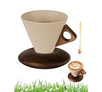 Elegant Conical Coffee Cup，250ml Vintage Cone Shaped Creative Irregular Shape Retro Wood Coffee Mug ，4pcs set vintage coffee mugs，with Wooden Base Saucer Set ， For Home, Office (A)