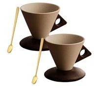 Elegant Conical Coffee Cup with Wooden Base, 250ML Elegant Conical Coffee Cup, Creative Cone Tea mug set with Base, Fun Triangle Handle for home and office use (2 x UFO Base,180ML)