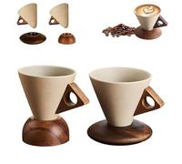 Elegant Conical Coffee Cup with Wooden Base, Creative Cone coffee cup set, Triangle Handle Design for home, restaurant, party and office use (A+B)