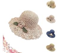 Elegant Crochet Straw Hat with Ruffle Detail Womens Summer Beach Straw Cap Foldable UV Protection Hand-Woven Sun Hat (Pink)