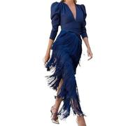 Elegant Deep V Neck Slim Prom Dresses Spring Solid Spliced Tassel Long Dress Woman Autumn Maxi(Color 03,XXL)