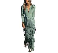 Elegant Deep V Neck Slim Prom Dresses Spring Solid Spliced Tassel Long Dress Woman Autumn Maxi(Color2,S)