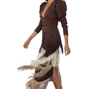 Elegant Deep V Neck Slim Prom Dresses Spring Solid Spliced Tassel Long Dress Woman Autumn Maxi(Color 05,XXL)