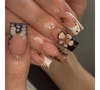 Elegant French False With Gold Bead Floral Design For Winter Fashion Winter White Coffee French Tip Fake