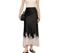 Elegant Lace-Trim Satin Midi Skirt Women Summer High Wasit Wrapped Hip Slim Long Skirts Fairy Fashion Casual Female Lace(Black,M)