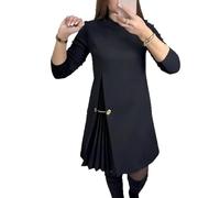 Elegant Long Sleeve Pleated Panel Dress - High Neck Ruffle Hem Midi Dress for Party & Evening, Women's Cocktail Gown (Black,XL)