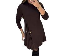 Elegant Long Sleeve Pleated Panel Dress - High Neck Ruffle Hem Midi Dress for Party & Evening, Women's Cocktail Gown (Coffee,S)