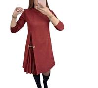 Elegant Long Sleeve Pleated Panel Dress,Sophisticated A-Line Dress with Chain,Round Neck Casual Cozy Pleated Hem Dressess (FR/ES, Letras, L, Regular, Regular, Red)