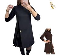 Elegant Long Sleeve Pleated Panel Dress,Sophisticated A-Line Dress with Chain,Round Neck Casual Cozy Pleated Hem Dressess (FR/ES, Letras, L, Regular, Regular, Black)