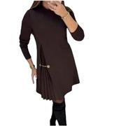 Elegant Long Sleeve Pleated Panel Dress,Sophisticated A-Line Dress with Chain,Round Neck Casual Cozy Pleated Hem Dressess (FR/ES, Letras, XL, Regular, Regular, Brown)