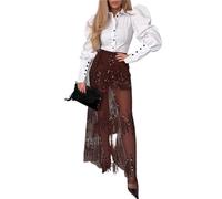 Elegant Mesh Sequined Patchwork Party Skirt 2026 Fashion High Waist Solid Long Women's Sexy Temperament Slim Gowns Skirts(02 Burgundy,S)