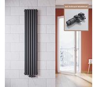 ELEGANT Radiador de diseño antracita, 1800 x 354 mm, con multibloque, color antracita, termostato vertical, doble capa, radiador tubular, radiador de baño con conexión central