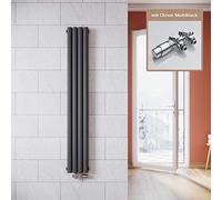 ELEGANT Radiador de diseño en color antracita 1600x236mm con termostato multibloque cromado, vertical, doble capa, tubos, para baño, con conexión central