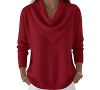 Elegant Retro Soft Triangle Neck Solid Color Sweater Top Cozy Long Sleeve Knit Pullover Cowl Style for Women (Red)