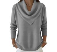 Elegant Retro Soft Triangle Neck Solid Color Sweater Top, Cozy Long Sleeve Knit Pullover Cowl Style, Triangle Neck Sweaters (Gray,S)