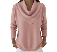Elegant Retro Soft Triangle Neck Solid Color Sweater Top, Cozy Long Sleeve Knit Pullover Cowl Style, Triangle Neck Sweaters (Pink,XL)